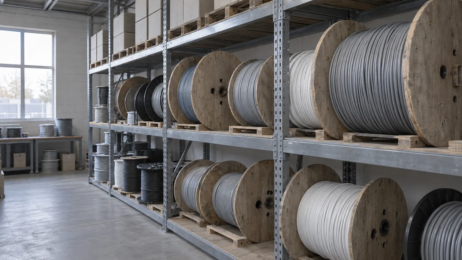 Cable drums on racking in an electrical wholesaler's stockroom